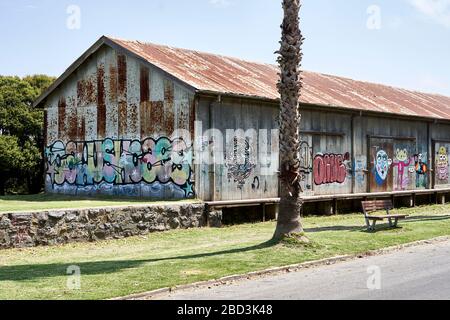 Corrugated tin shed in port of Colonia del Sacramento, Uruguay. Stock Photo