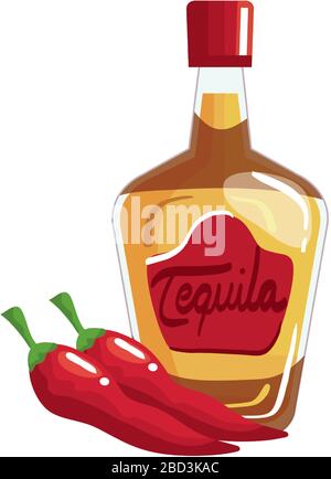 Isolated mexican tequila bottle chillis and avocado vector design Stock ...