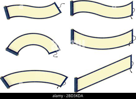 Japanese traditional scroll paper vector illustration set / blue Stock Vector