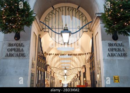 Christmas Decorations Retail Shopping Shops Arcade Royal Opera Arcade, St James's, London SW1Y 4UY Designed By John Nash Royal Opera House Stock Photo