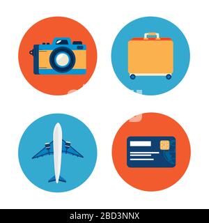 camera with set icons in frames circular Stock Vector