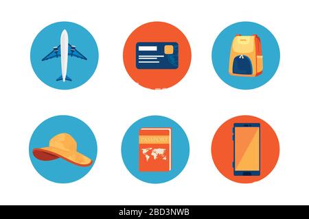 airplane with set icons in frames circular Stock Vector