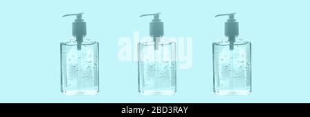 Hand sanitizer bottles coronavirus supply on blue medical background banner panoramic. COVID-19 Outbreak. Stock Photo