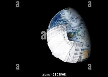 Earth in medical mask isolated on black background, concept of coronavirus in world and COVID-19 pandemic. Globe with protect from corona virus in out Stock Photo