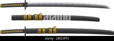 Katana (Japanese sword) illustration set. Samurai's weapon. Katana with sheath. Stock Vector