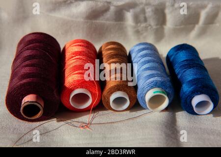 coils with colored thread in a row Stock Photo
