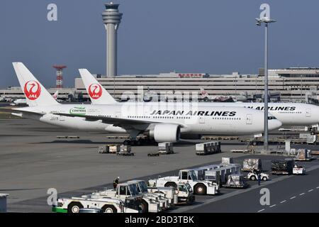 JAL airplanes lined up at Haneda Airport due to the new coronavirus infection (COVID-19) on April 4, 2020. Credit: Tadayuki YOSHIKAWA/Aviation Wire/AFLO/Alamy Live News Stock Photo