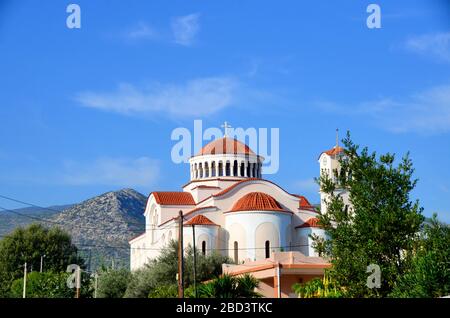 Outside of Modern Greek orthodox church in Nea Makri, near Marathon, Greece. Stock Photo