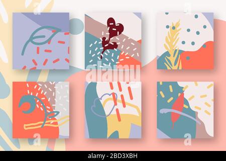 Set of abstract backgrounds. Templates backdrop creative modern art. Hand drawn different shapes and textures. Contemporary doodle floral elements with spots, dots, lines. Isolated vector illustration Stock Vector