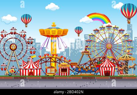 Themepark scene with many rides in the city illustration Stock Vector