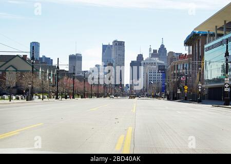 Detroit, Michigan, April, 2020, Streets are empty after 'Stay At Home Order' is enacted and enforced because of Coronavirus, Covid -19 scare. Stock Photo
