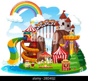 Themepark scene with many rides and happy kids illustration Stock ...