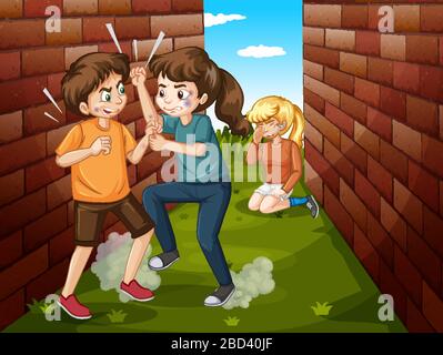 Domestic violence scene with people fighting illustration Stock Vector