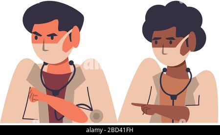 interracial doctors couple using face masks characters Stock Vector