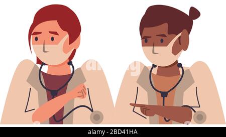 interracial female doctors using face masks characters Stock Vector