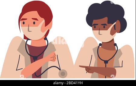 interracial female doctors using face masks characters Stock Vector