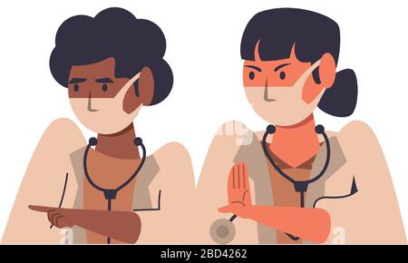 interracial female doctors using face masks characters Stock Vector