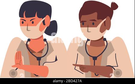 interracial female doctors using face masks characters Stock Vector