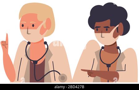 interracial female doctors using face masks characters Stock Vector
