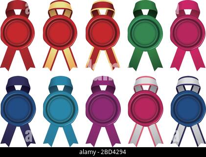 sealing wax ,stamp & ribbon illustration set (color variation) Stock Vector