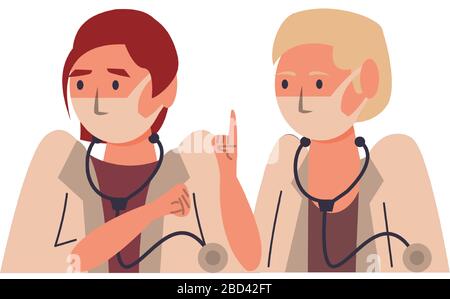 interracial female doctors using face masks characters Stock Vector
