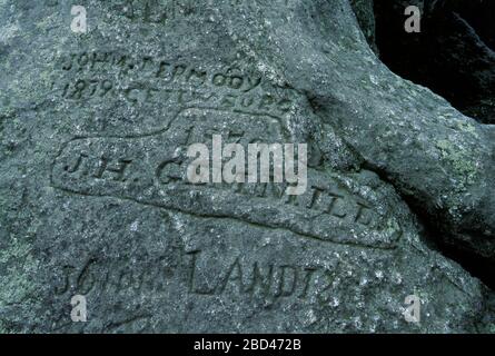 Inscriptions on King & Queen's Seat, Rocks State Park, Maryland Stock Photo