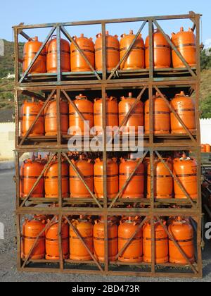 Alora, Spain - July 18. 2017: Propane gas bottles at depot in Andalusian countryside Stock Photo