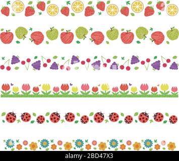 horizontal seamless patten set / flowers,fruits etc. (handwriting style / Colored pencil stroke) Stock Vector