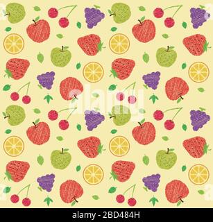 Seamless textile pattern illustration with fruits and flowers (handwriting style / Colored pencil stroke) Stock Vector