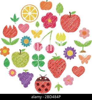 Pretty colorful shape illustration set (handwriting style / Colored pencil stroke) . flowers,fruits,insects,leaves etc. Arrange in a circle. Stock Vector