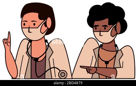 interracial female doctors using face masks characters Stock Vector