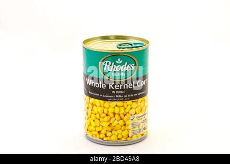 Alberton, South Africa - a can of Rhodes whole kernel corn isolated on a clear background image with copy space in horizontal format Stock Photo