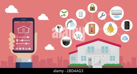 Smart home (smart house) controlled with smartphone app. Technology concept flat illustration. Stock Vector