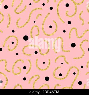 Abstract seamless pattern with black dots and gold glitter worms on pink background. Vector illustration. Stock Vector