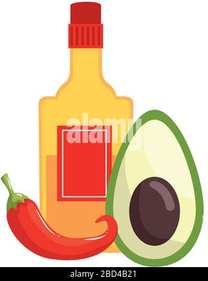 Mexican tequila bottle avocado chilli and maracas vector design Stock ...