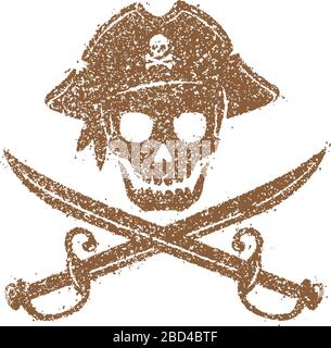 Pirate skull emblem illustration with crossed sabers ( grunge texture). Stock Vector