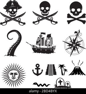 Pirate flat illustration set (skull,anchor,volcano,ship,compass,sun,kraken etc.) Stock Vector