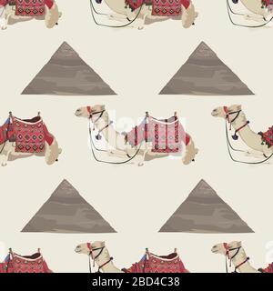 Vector seamless pattern with arabian one-humped camel and Egyptian pyramid Stock Vector