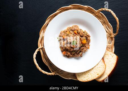 French local food Navarin d'agneau lamb or mutton slow cooker strew in white dish with copy space Stock Photo