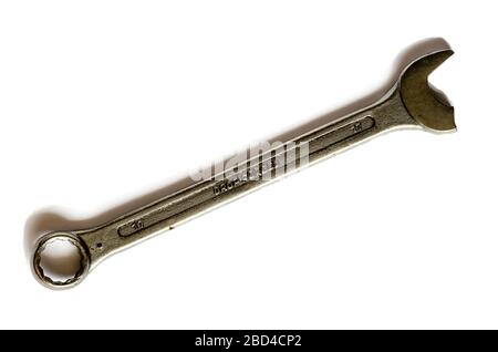 Broken open-end wrench close-up. Forged wrench on 17. Manual tool. Isolate on a white background. Flat lay Stock Photo