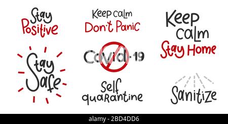 Covid-19 stickers set. Coronavirus lettering. Elements for poster, banners, coffee cups and mug, T-shirt and notebook. Stock Vector