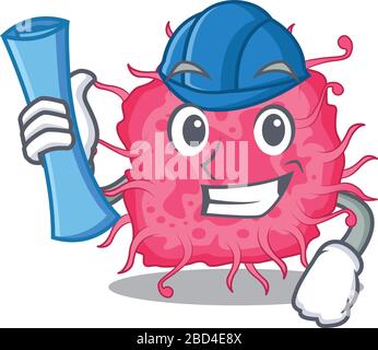 Cartoon character of pathogenic bacteria brainy Architect with blue prints and blue helmet Stock Vector