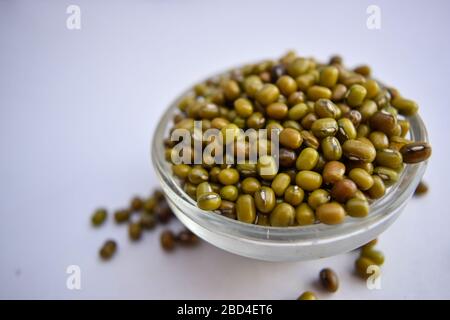 Mung Beans in A Glass Bowl on White Background Close-Up Stock Photograph Image Stock Photo