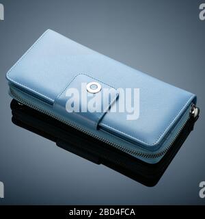 Fashionable designer leather women's wallet on a blue background Stock Photo
