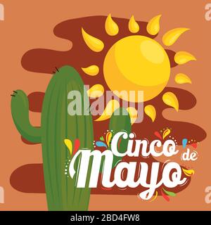 Mexican cactus and sun of Cinco de mayo vector design Stock Vector