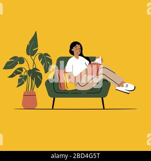 Girl reading a book and resting concept. Stock Vector