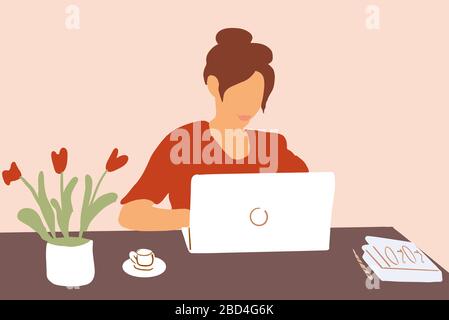 Woman working on a laptop at cozy office working place. Concept of remote work from home. Colorful vector illustration in flat cartoon style Stock Vector