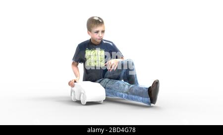 3D rendering of a boy child sitting with a toy car children young people Stock Photo