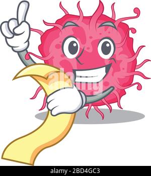 pathogenic bacteria mascot character design with a menu on his hand Stock Vector