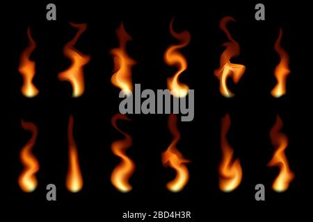Set of vector transparent fire flames. Blaze illustration on black background Stock Vector